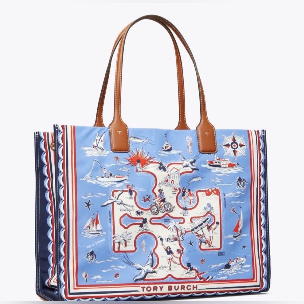 RARE Tory Burch Ella Nautical Tote Bag - Blue Marina - Picture 2 of 3
